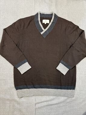WRK New York Mens XL Sweater Brown V-Neck Contrast Trim Work Rest Karma